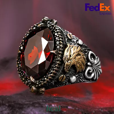 Buy Sterling Silver Mens Ring Ruby Red Statement Ring Solid Turkish Jewelry Eagle • 95.46£