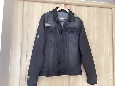 Buy Mens Medium Black Denim Jacket, Ripped Look, Future Kings Embroidered On Rear • 10£