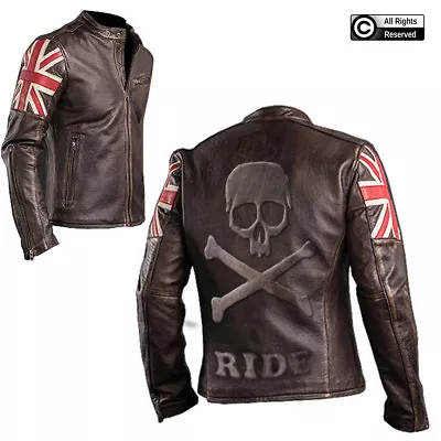 Buy Men's Biker Vintage Cafe Racer Leather Jacket With UK Flag And Embossed Skull • 249.99£