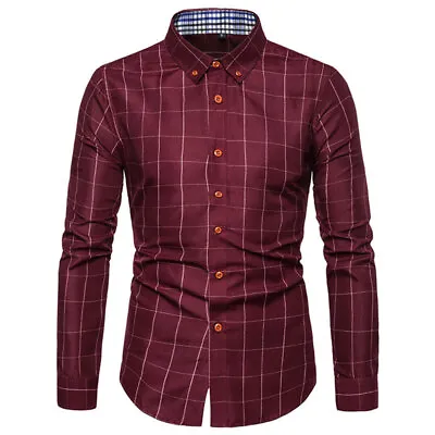 Buy Men Long Sleeve Lapel Collar Button Casual Tops Plaid Printed Slim Fit Shirts • 15.54£