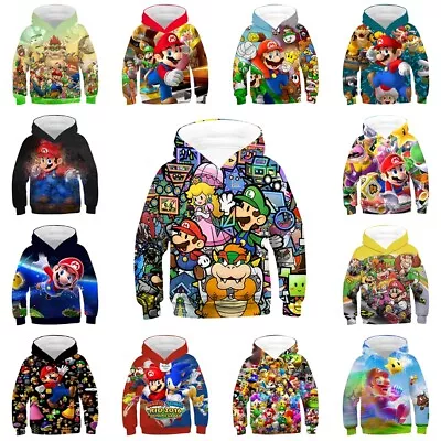 Buy Kids 3D Super Mario Bro Casual Hoodies Sweatshirt Pullover Jumper Hooded Top UK • 12.58£