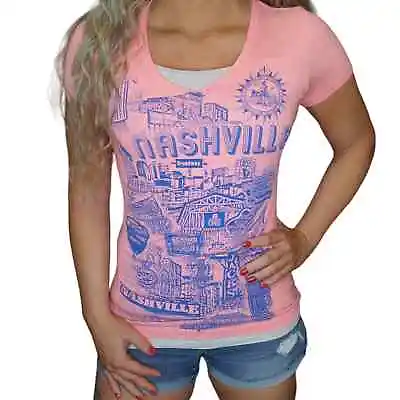 Buy Nashville Tennessee Shirt Womens Large Pink Florescent Neon Blue Graphic V Neck • 11.36£