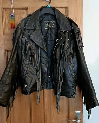 Buy Cowhide Leather Tassel Stud Zip  Biker Vintage Retro Motorcycle Jacket Size M • 22.45£