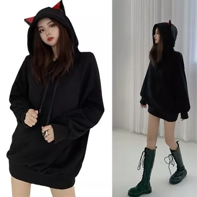Buy Women Goth Long Sleeve Hoodies Dress Cute For Cat Ears Oversized Pullover Sweats • 16.14£