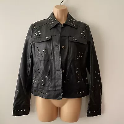 Buy Next Faux Leather Jacket Womens Black Heart Star Square Studs Ladies Size 10 • 19.99£