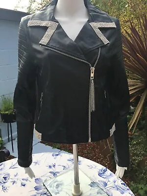 Buy Customised Faux Leather Black Biker Jacket Size 8 • 15£