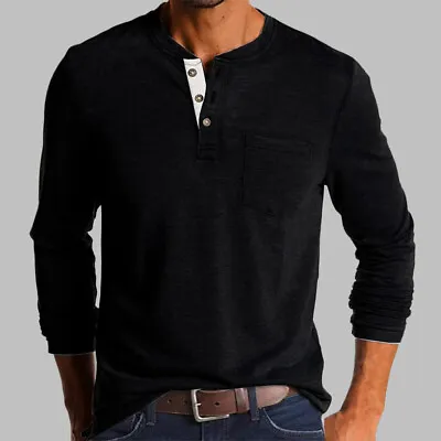 Buy Mens Long Sleeve T-shirt Henley Grandad V Neck Casual Button Solid Shirt Tops • 13.49£