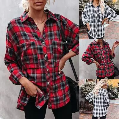 Buy Women Plaid Check Shirt Ladies Casual Loose Buttons Long Sleeve Tops Blouse Size • 12.69£