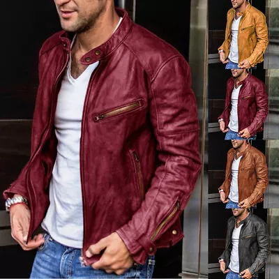 Buy Men's Leather Jacket Slim Fit Jacket PU Synthetic Leather Biker Outwear S-5XL❤ • 48.88£