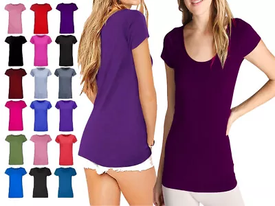 Buy Ladies Cap Short Sleeve Round Scoop Neck Plain T-shirt Fitted Tee Top Uk • 5.99£