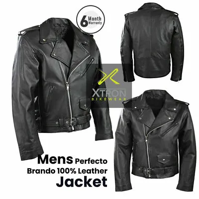 Buy New Mens Motorcycle Perfecto Brando 100% Real Leather Jacket Black Biker • 54.99£