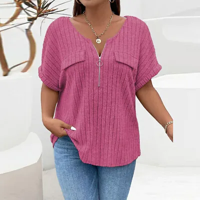 Buy Plus Size Womens Ribbed V Neck Tunic Tops Tee Short Sleeve T Shirt Blouse Shirt • 11.99£