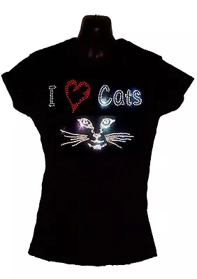 Buy I Love Cats Ladies Fitted Crystal Design T Shirt   Rhinestone Style ALL SIZES • 9.99£
