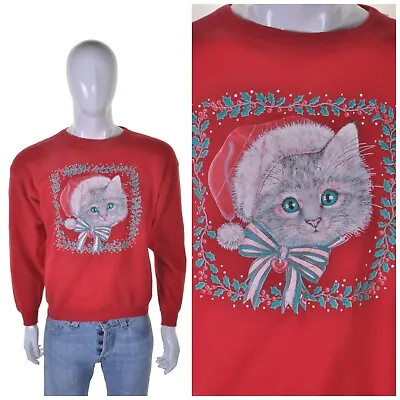 Buy Vintage Christmas Kitten Jumper M Cute Kitsch Ugly Tacky Cat Sweater Sweatshirt • 24.99£
