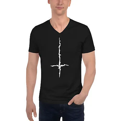 Buy White Melting Inverted Cross Black Metal Unisex Short Sleeve V-Neck T-Shirt • 27.60£