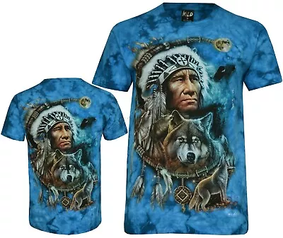Buy Tie Dye T-Shirt Native American Indian Wolves Dream Catcher Glow In Dark By Wild • 15.99£