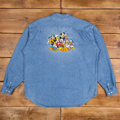 Buy Vintage Disney Denim Shirt Button XL 90s Embroidered Mens Long Sleeve Blue • 29.69£