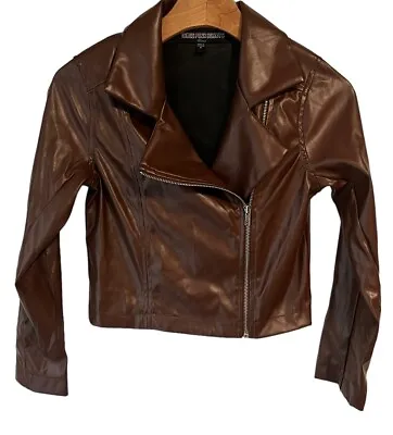 Buy Three Pink Hearts Jacket Womens Med Brown Faux Leather Cropped Moto Full Zip NEW • 25.76£