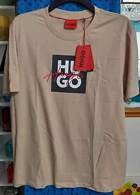 Buy HUGO Dalpaca Script Box Logo Stone/Black/Red Short Sleeve T-shirt, Men's Size XL • 40£