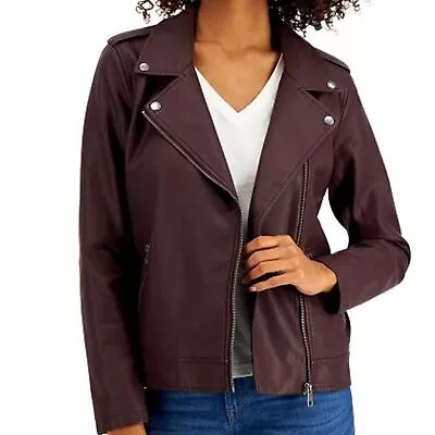 Buy Style & Co Chocolate Vegan Faux Leather Zip Up Moto Jacket Sz: XS Snap Accents • 62.43£