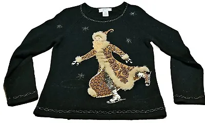 Buy Vintage Susan Bristol Woodland Gold Santa Christmas Sweater Black Size Small • 28.18£