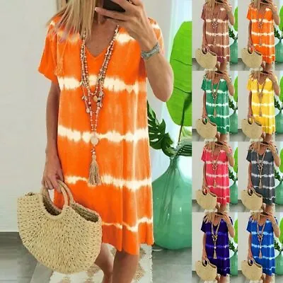 Buy Womens V Neck Tie Dye Stripe Mini Dress Ladies Summer Short Sleeve Casual Dress • 12.69£