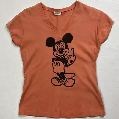 Buy Rare Vintage 70’s Mickey Mouse Middle Finger Peach Womens V Neck Shirt • 174.82£