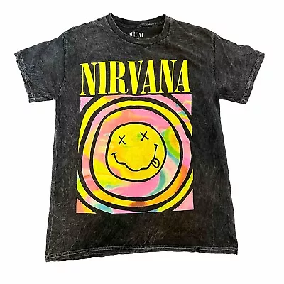 Buy Nirvana Graphic T-Shirt Womens S Rainbow Smiley Face X Eyes Logo Acid Wash Black • 15.15£