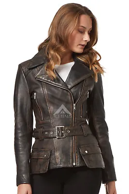 Buy 'FEMININE' Ladies Real Leather Jacket Black Bronze WASHED Biker Style Slim Fit • 95.79£