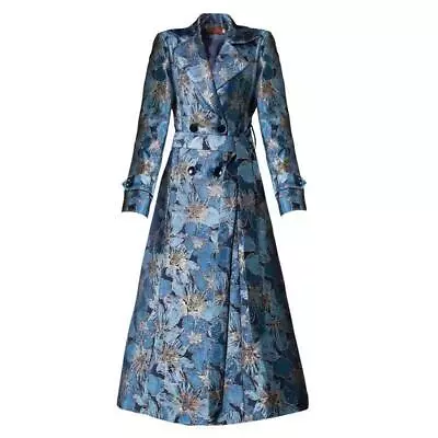 Buy Lady Jacquard  Long Trench Coat Slim Double Breasted Floral Overcoat Windbreaker • 95.02£