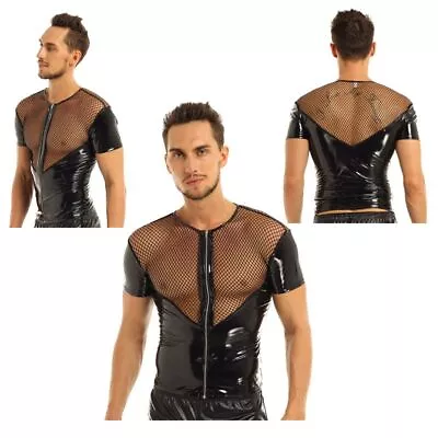 Buy Men's Shiny PVC Leather Fishnet Splice T-Shirt Short Sleeve Zipper Front Tops • 17.47£