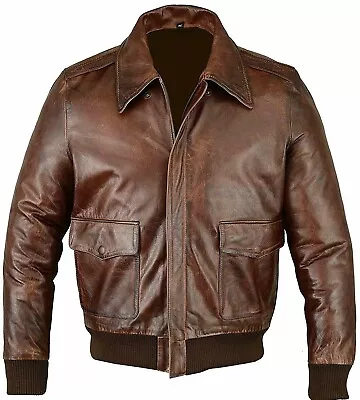 Buy Mens RAF Aviator A-2 Military Bomber Distressed Brown Genuine Leather Jacket • 149.99£