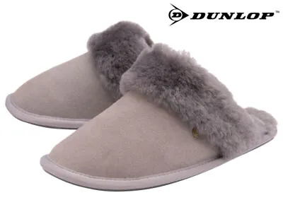 Buy Dunlop Ladies Luxury Slippers Grey Genuine Leather Suede Cosy Mules Soft Warm Li • 29.99£