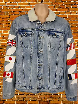 Buy Mens Kwd Kings Will Dream Size Xl Blue Denim Flag Motifs Borg Collar Jacket Coat • 16.99£