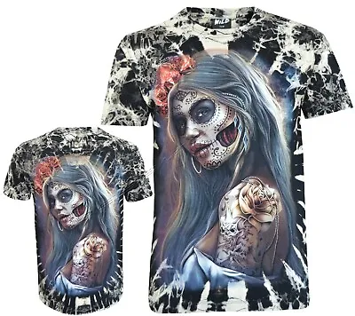 Buy Tie Dye T-Shirt Woman With Day Of The Dead La Catrina Tattoo Glow InDark By Wild • 15.95£