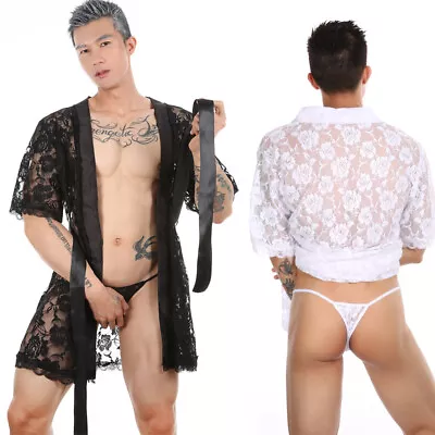 Buy Men Robe Transgender Lace Sexy Lingerie Sleeprobe Male Sissy Sheer Thong Panties • 14.39£