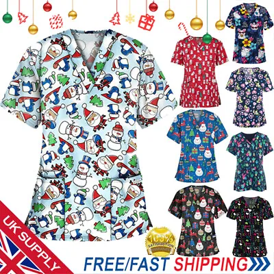 Buy Women Uniform Medical Nursing Scrub Tops Merry Christmas Flower T-Shirts Xmas // • 3.79£