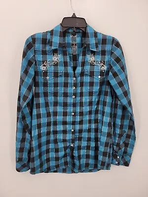 Buy Wrangler Rock 47 Shirt Womens Small Blue Plaid Embroidered Pearl Snap Western • 22.85£