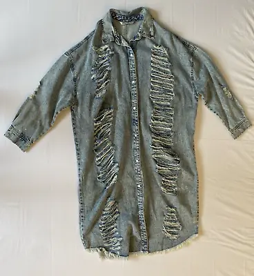 Buy Highway Jeans Long Destroyed Acid Washed Distressed Denim Jacket L • 38.35£