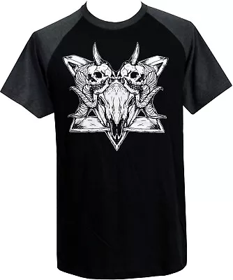 Buy Mens Satanic Raglan T-Shirt Baphomet Goat Skull Gothic Pentagram Ram Horns Devil • 23.95£