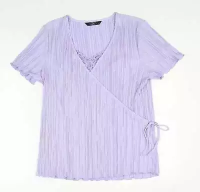 Buy BM Womens Purple Polyester Wrap T-Shirt Size M V-Neck - Faux Wrap Plisse Lace De • 5.75£