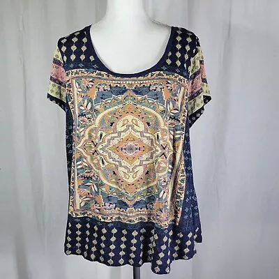 Buy Lucky Brand Womens T-shirt Sz 2X Blue Teal Pink Mandala Boho Persian Allover  • 16.19£