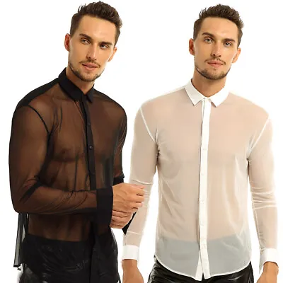 Buy Men Sheer Mesh Shirts See Through Turn Down Collar T-Shirts Top Blouse Clubwear • 15.90£