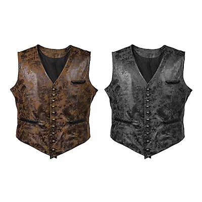 Buy Men Suit Vest V Neck Faux Leather Steampunk Waistcoat Cowboy Costume Jacket Top • 32.21£