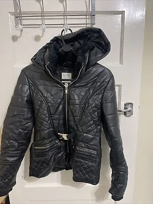 Buy Ladies Size 10  Petite River Island Leather Look Biker Jacket Coat Faux Fur Hood • 30.19£
