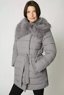 Buy MAINE Puffer Faux Fur Collar Belted Coat • 25.50£