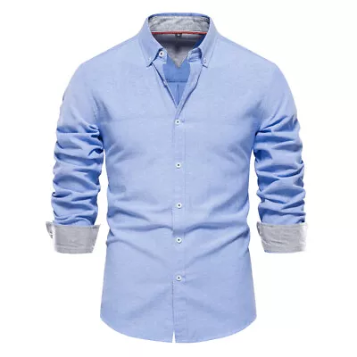 Buy Mens Solid Slim Fit Shirts Casual Long Sleeve Button-up Baggy Dress Tops UK • 12.34£