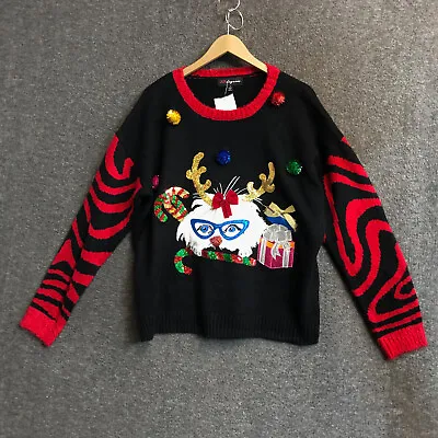 Buy 33 Degrees Women's Pull Over Ugly Christmas Sweater Size L Black Nerdy Cat NWT • 11.36£
