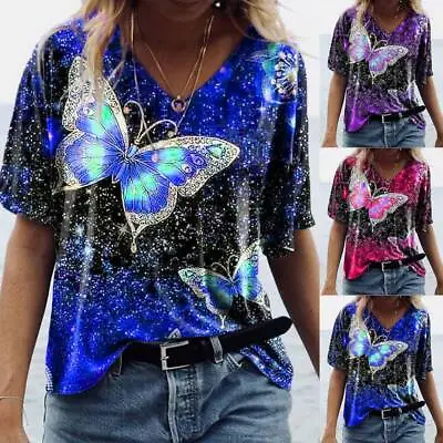 Buy Womens Boho Short Sleeve  Tunic Top Ladies Butterfly Print Summer T Shirt Blouse • 2.29£