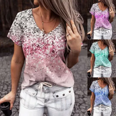 Buy Short Womens V-Neck Sleeve Floral Print Tops T-Shirt Ladies Blouse Shirts Baggy • 11.71£